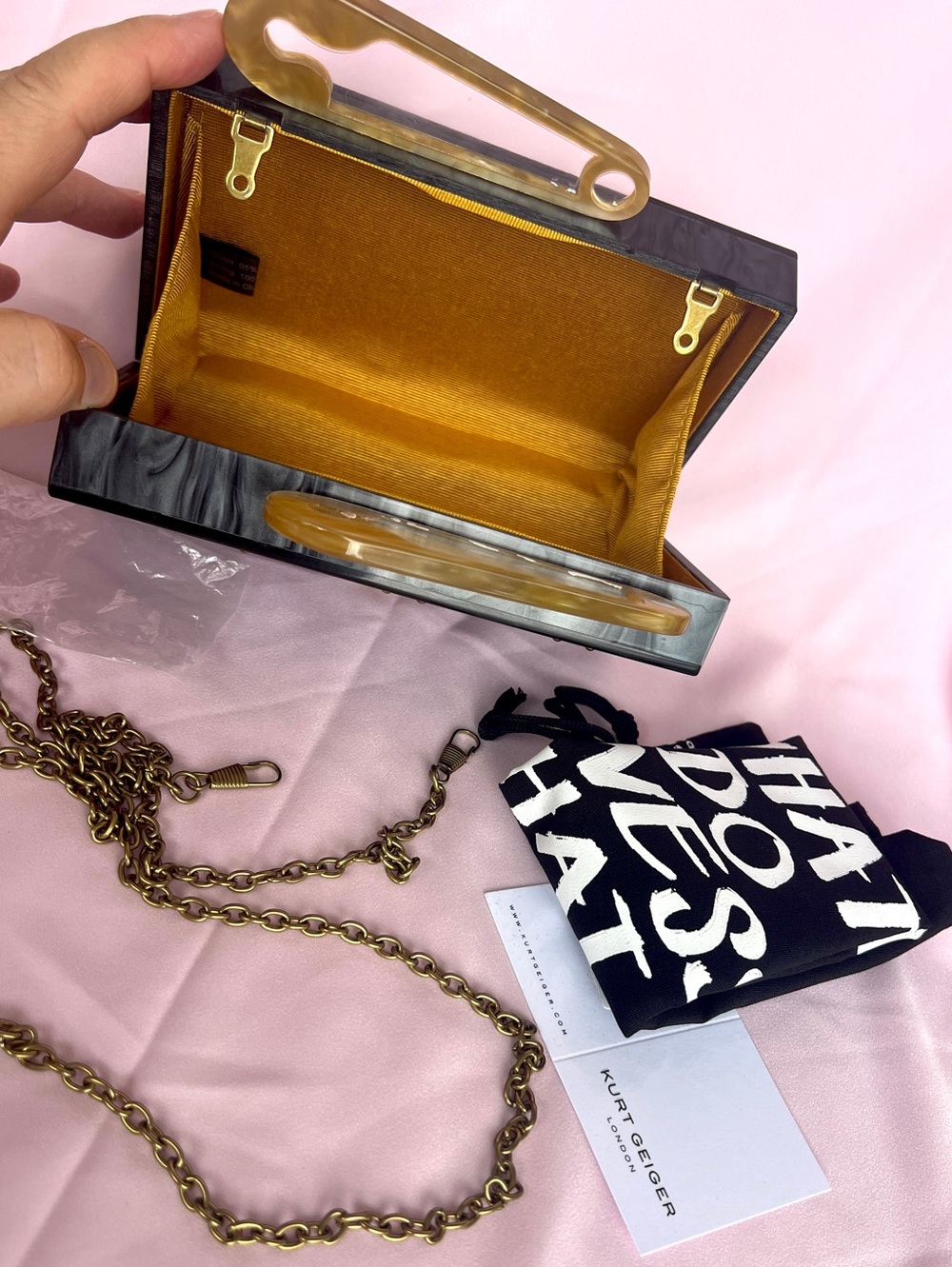 Kurt Geiger Kensington safety pin box clutch on chain gray mother of pearl NWT - Picture 12 of 16
